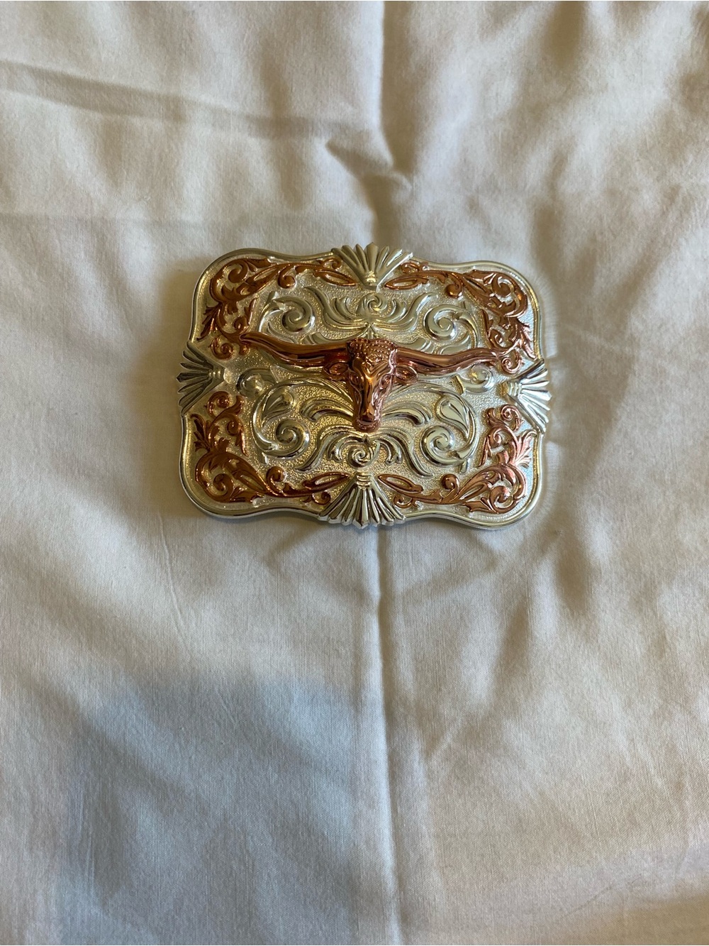 Two-Tone Longhorn Western Belt Buckle - Silver & Rose Gold Accents